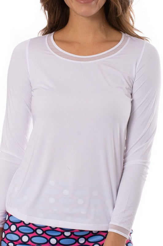 Golftini L/S Mesh Trim Top - White