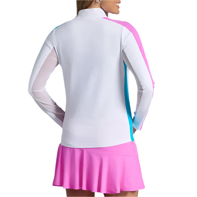IBKUL Colour Block Zip Mock Neck Top - White/Pink/Turquoise