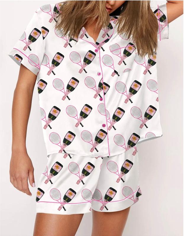 Tennis Racquet & Champagne Pajamas, Short - White/Pink