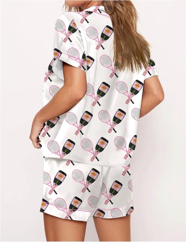 Tennis Racquet & Champagne Pajamas, Short - White/Pink
