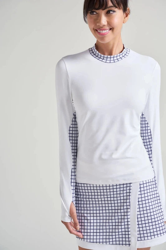 L'Oeuf Poché L/S Mock Neck Top - White/Check