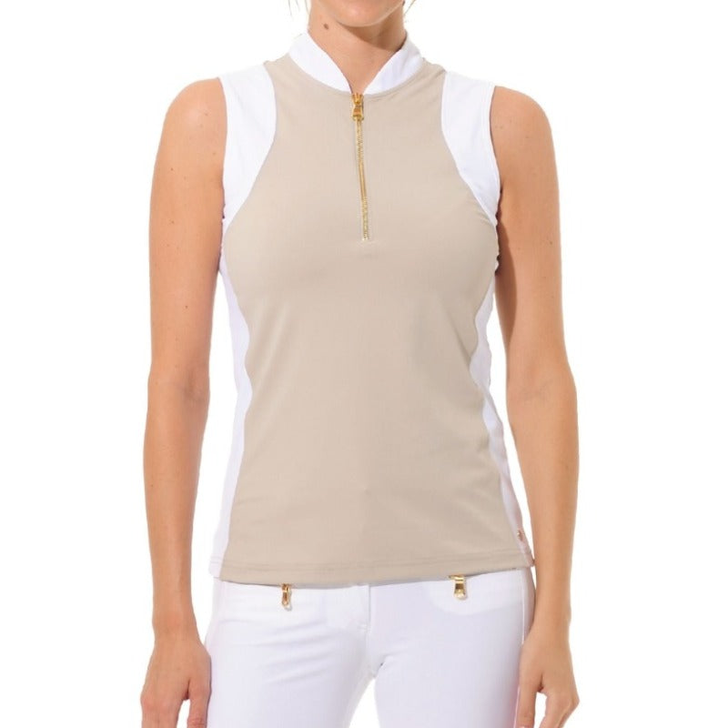 MDC S/L Zip Mock Neck Top - Taupe/White