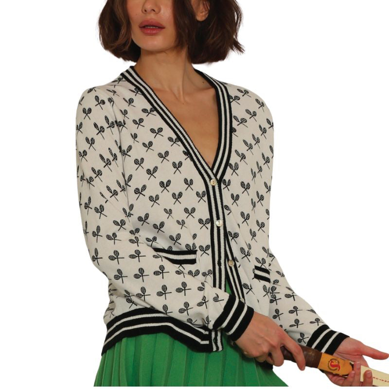 Minnie Rose Cotton Tennis Cardigan - White/Black