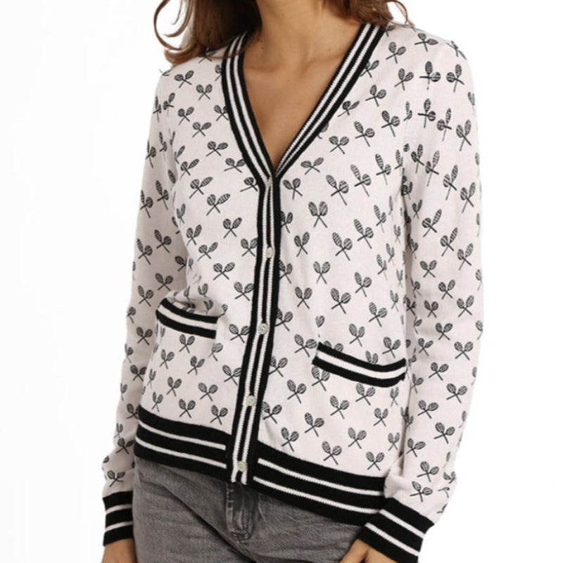 Minnie Rose Cotton Tennis Cardigan - White/Black