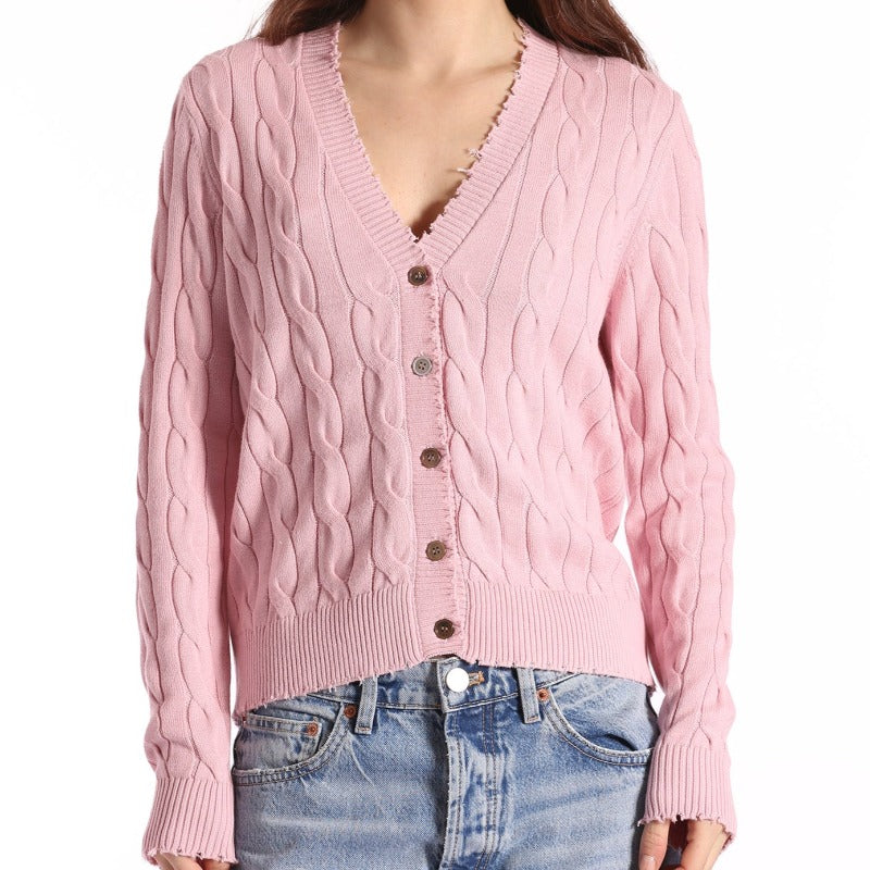 Minnie Rose Frayed Cable Cardigan - Pink Pearl