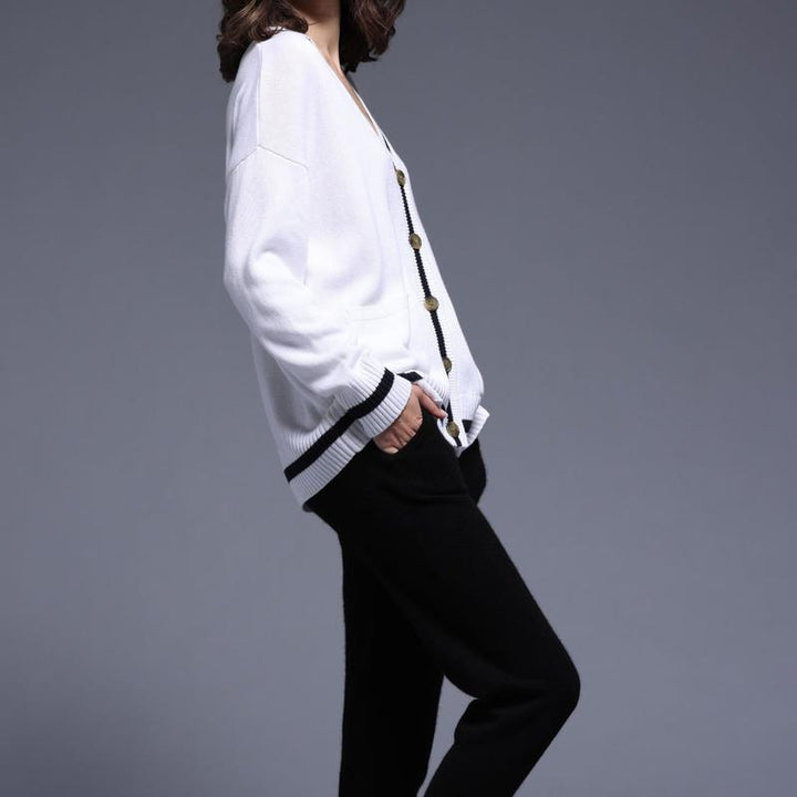 Minnie Rose Long Cardigan - White/Black