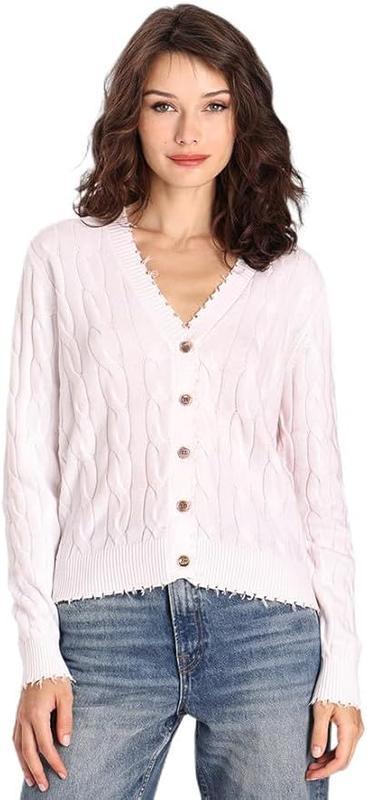 Minnie Rose Frayed Cable Cardigan - White