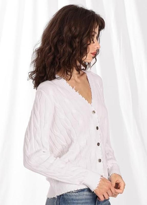 Minnie Rose Frayed Cable Cardigan - White
