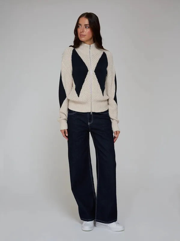 Autumn Cashmere Diamond Zip Sweater - Natural/Navy