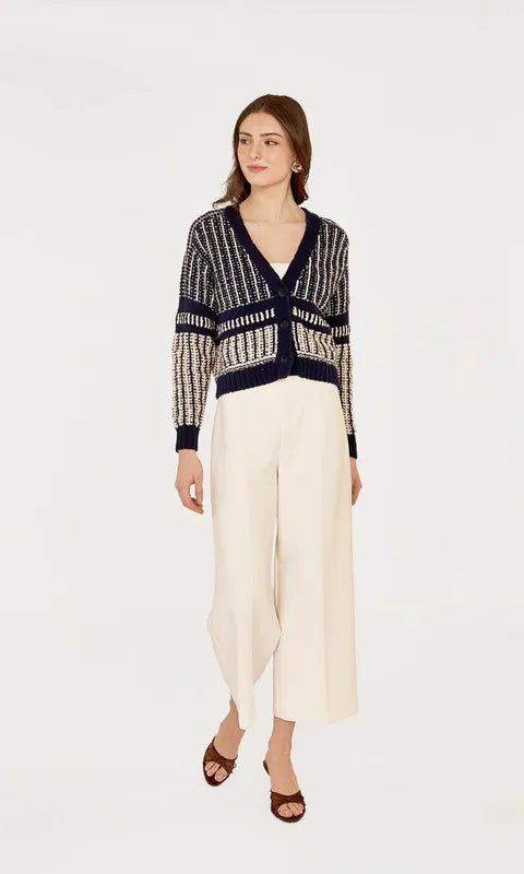 Autumn Cashmere Two-Tone Jacquard Cardigan - Navy/Sand