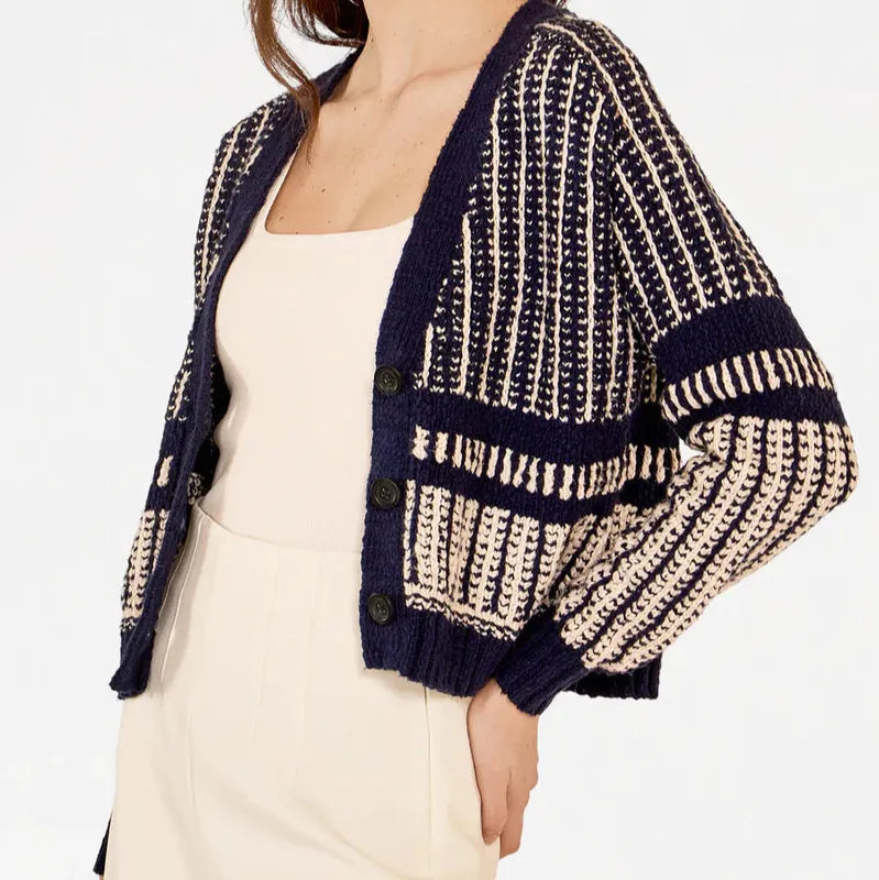 Autumn Cashmere Two-Tone Jacquard Cardigan - Navy/Sand