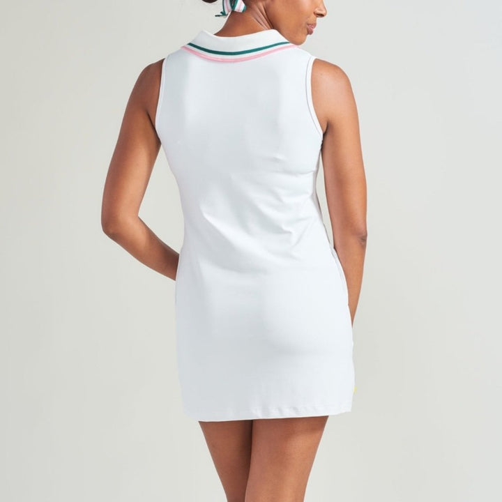 L'Oeuf Poche Baseline Polo Dress - White/Green Stripe Collar