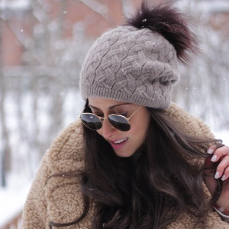 PNYC Emma Cable Beanie (Real Fur) - Brown