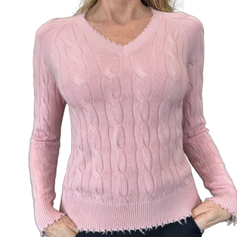 Minnie Rose Frayed Cable Sweater - Pink Pearl