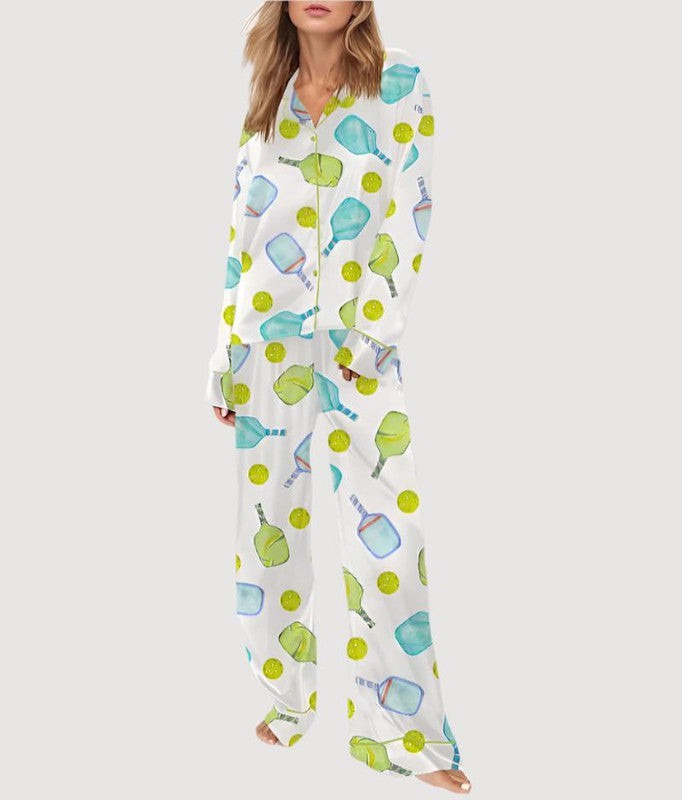 SheShow Pickleball Pajamas, Long - White/Green/Blue