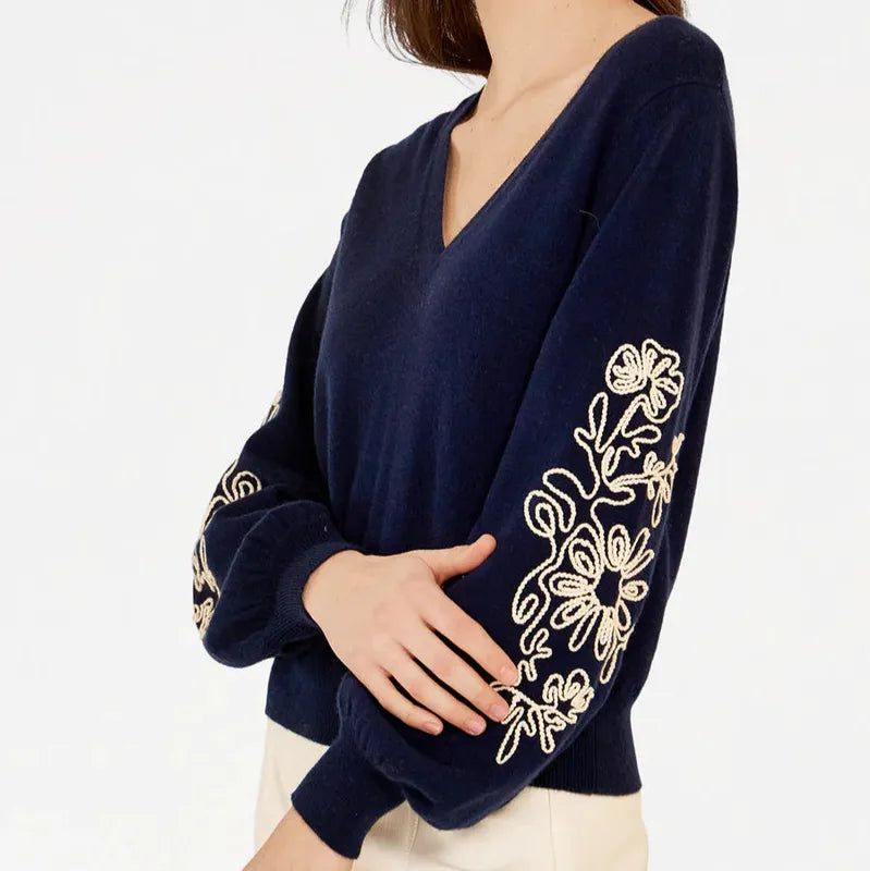 Autumn Cashmere Puff Sleeve Embroidered Sweater - Navy/Chalk