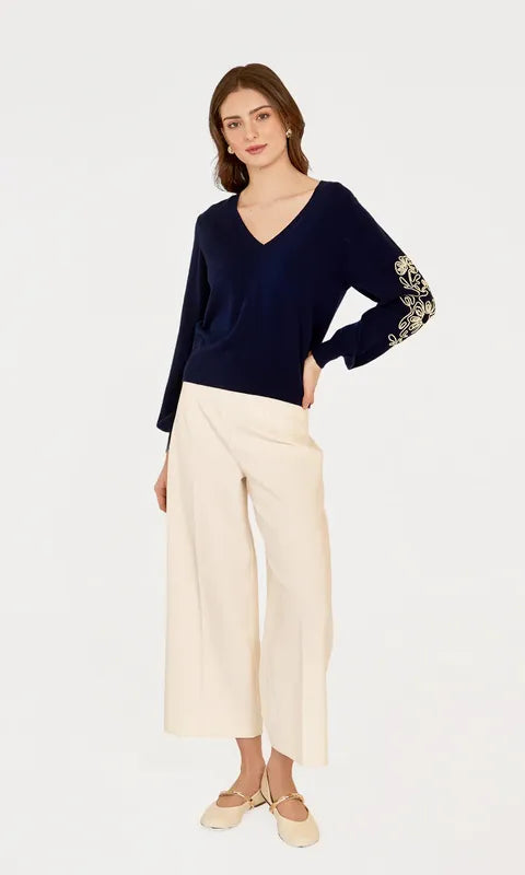 Autumn Cashmere Puff Sleeve Embroidered Sweater - Navy/Chalk