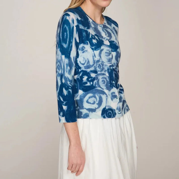 Autumn Cashmere Watercolour Rose Cardigan - Blue