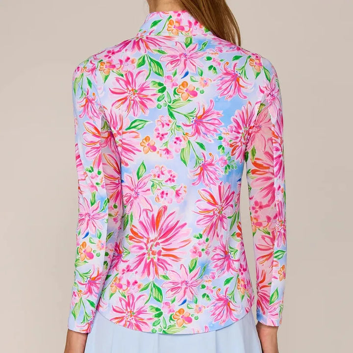 G Lifestyle L/S Zip Mock Neck Top - Pink Flower Garden