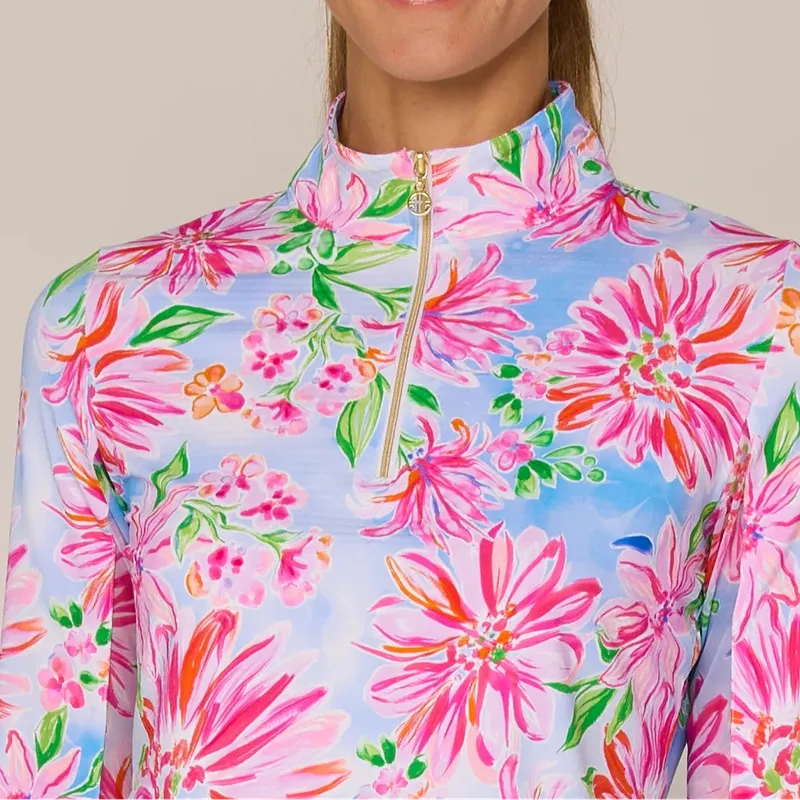 G Lifestyle L/S Zip Mock Neck Top - Pink Flower Garden
