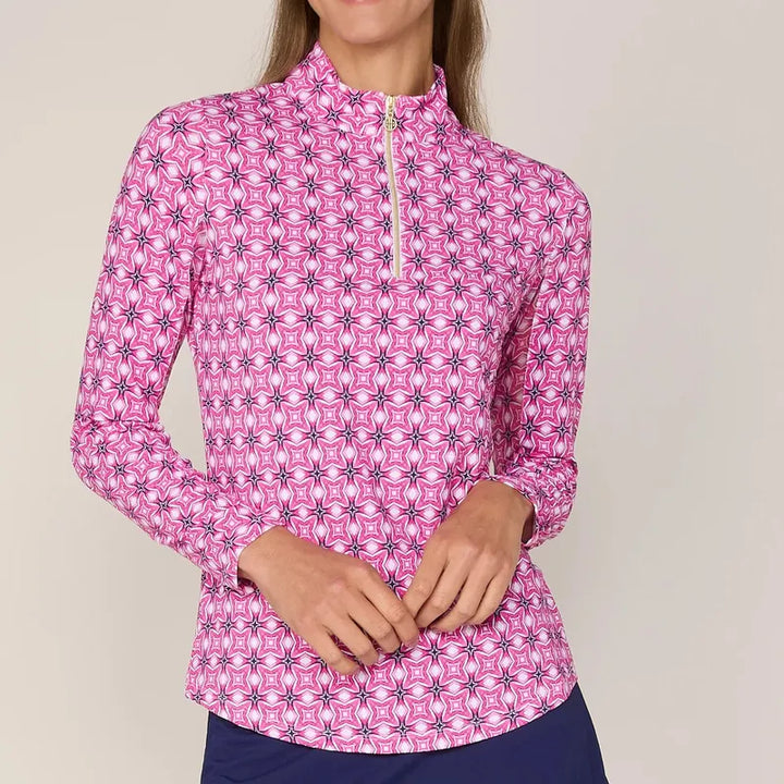 G Lifestyle L/S Zip Mock Neck Top - Pink Tile