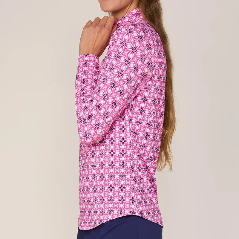 G Lifestyle L/S Zip Mock Neck Top - Pink Tile