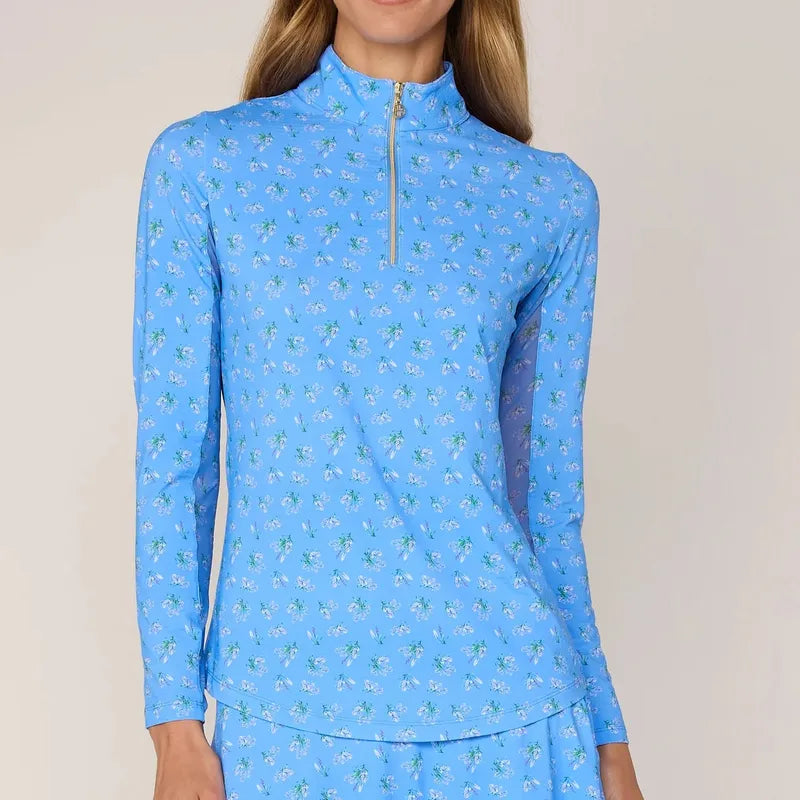 G Lifestyle L/S Zip Mock Neck Top - Peri Blue Floral