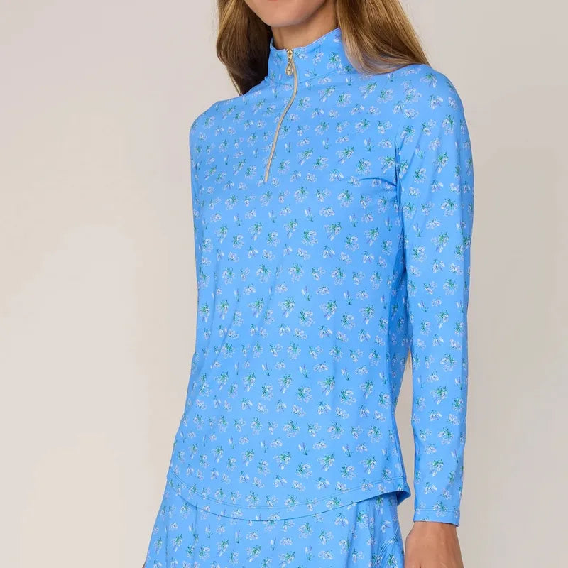 G Lifestyle L/S Zip Mock Neck Top - Peri Blue Floral