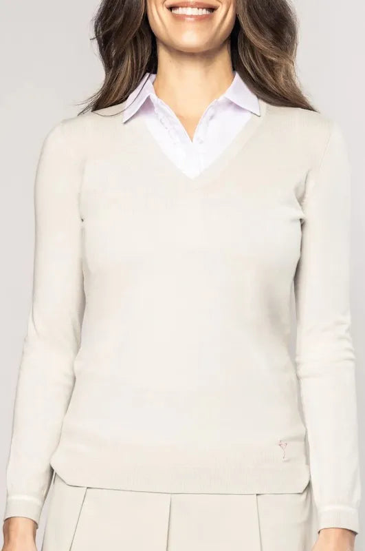 Golftini V-Neck Sweater - Khaki/White