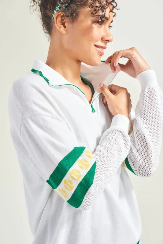 L'Oeuf Poche Ace Zip-Up Sweater - White/Green