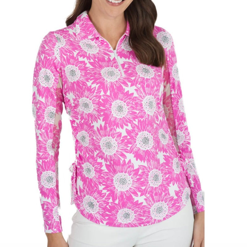 IBKUL Ruthie L/S Adjustable Polo - Hot Pink/White