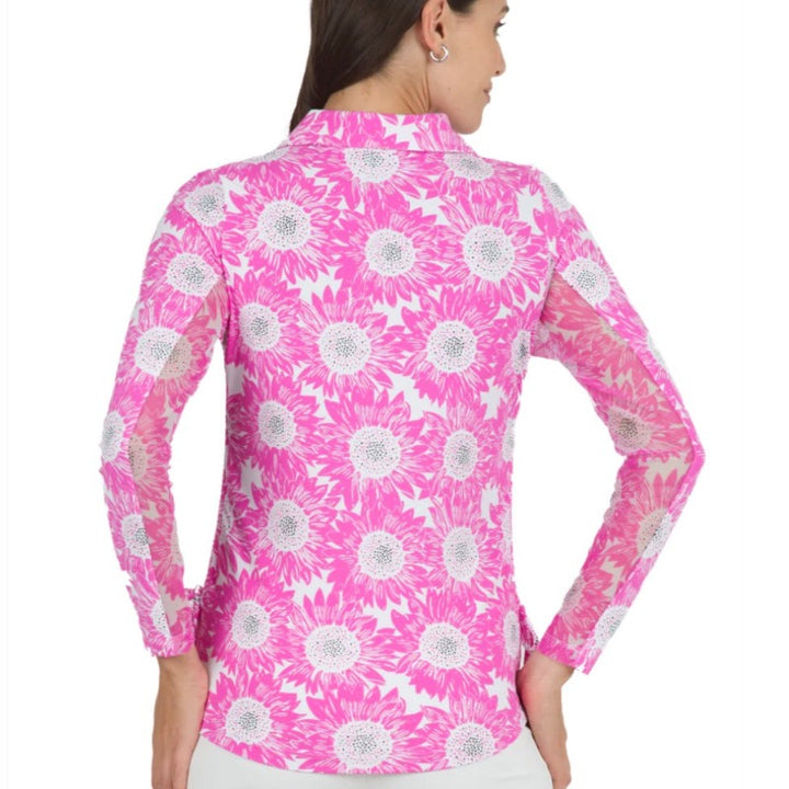 IBKUL Ruthie L/S Adjustable Polo - Hot Pink/White