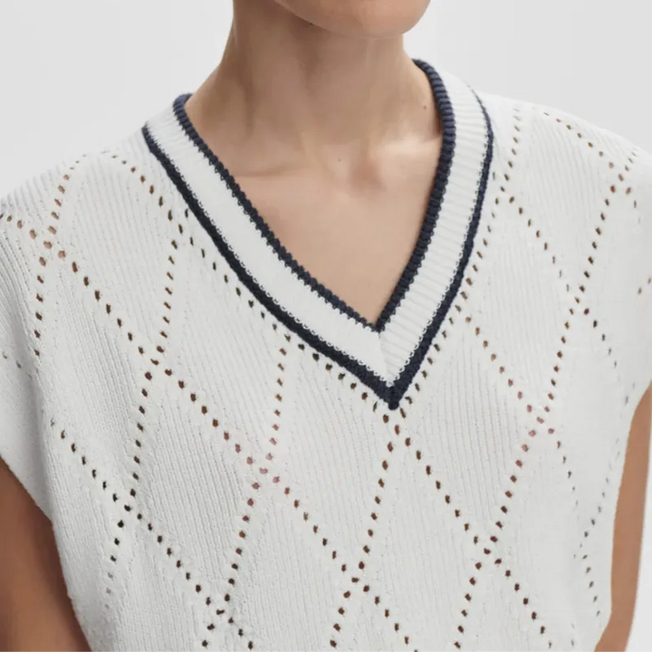 Varley Beaton Diamond Knit S/S Top - White/Blue Nights