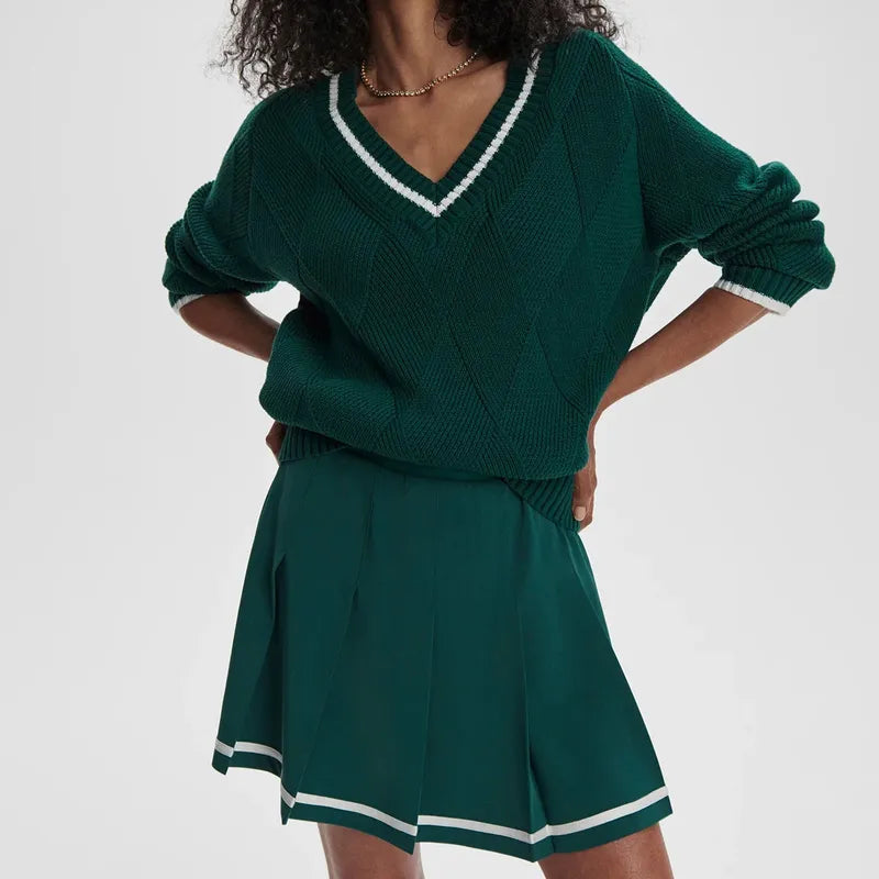 Varley Ray Diamond V-Neck Sweater - Forest/White