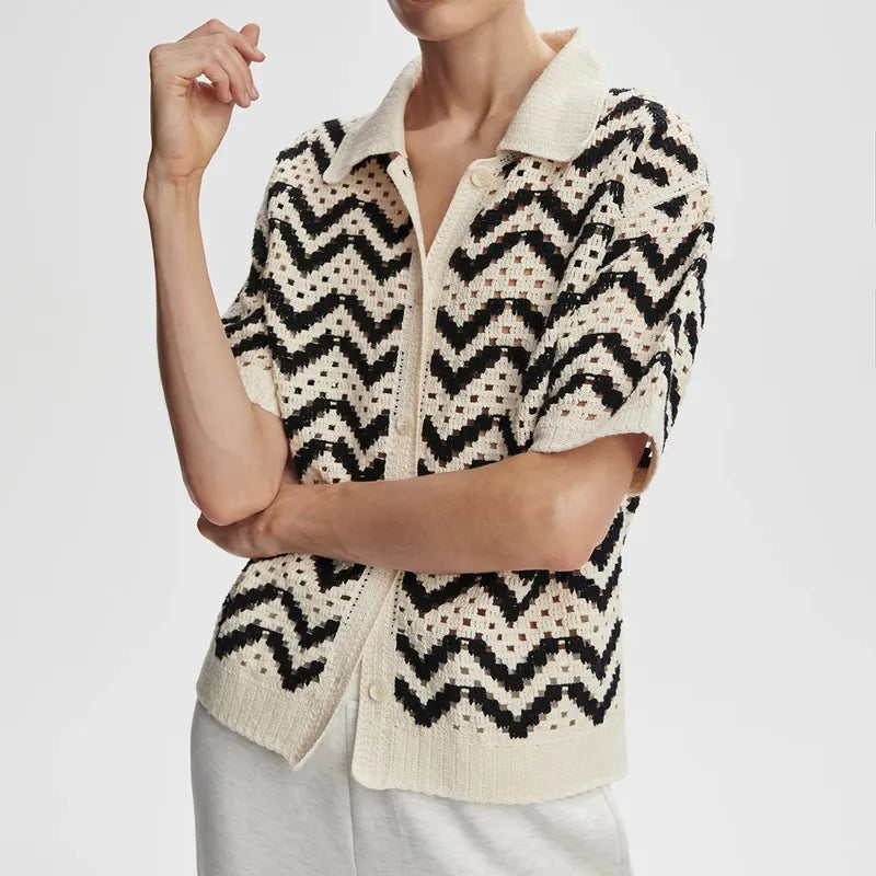 Varley Anais Crochet S/S Polo - Birch/Black