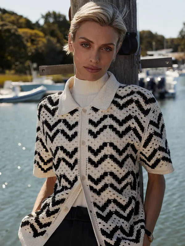 Varley Anais Crochet S/S Polo - Birch/Black