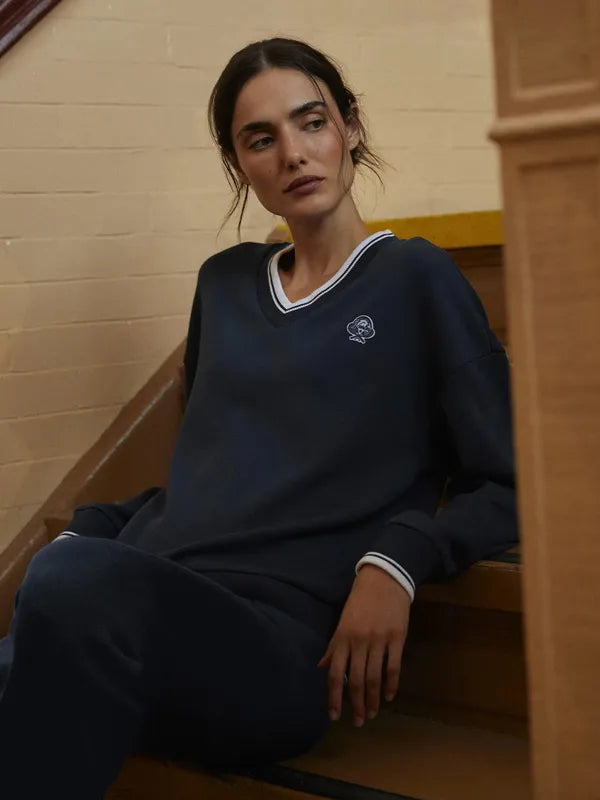Varley Iona V-Neck Sweat - Navy/White