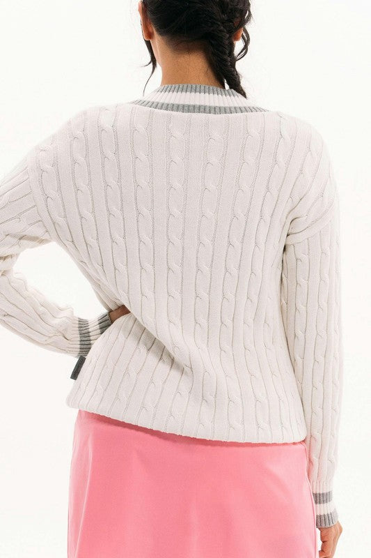 Foray Golf V-Neck Heritage Cable Sweater - White
