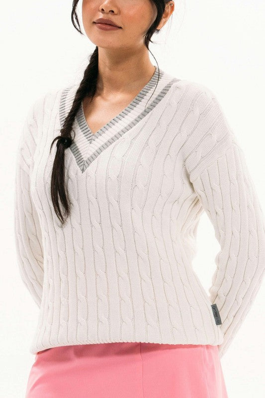 Foray Golf V-Neck Heritage Cable Sweater - White