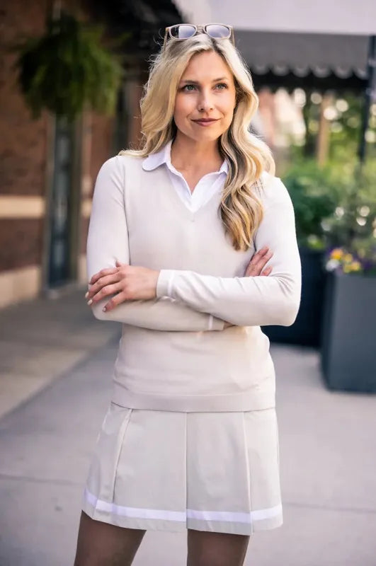 Golftini V-Neck Sweater - Khaki/White