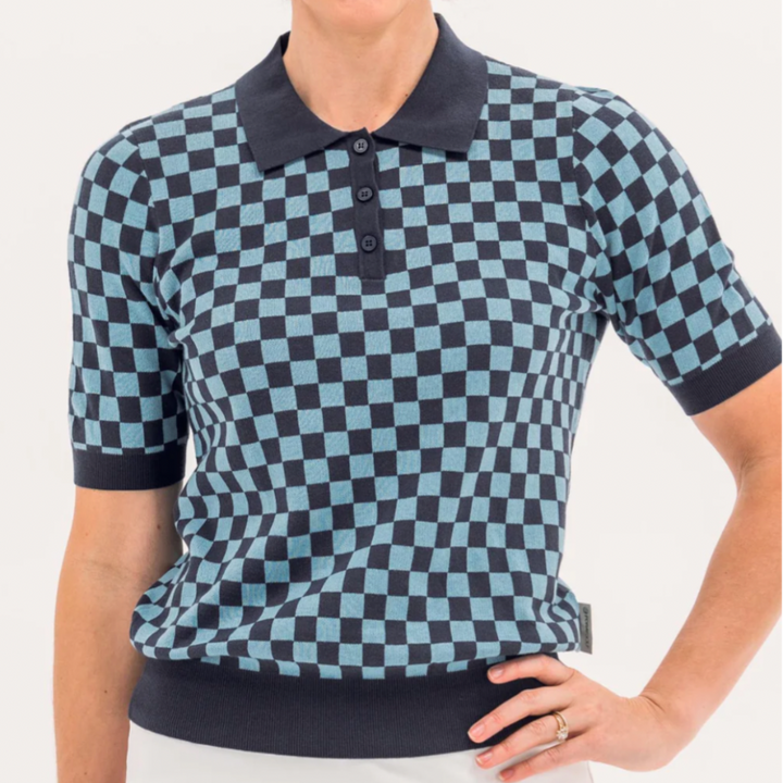 Foray Golf Checkered Knit S/S Polo - Navy/Blue