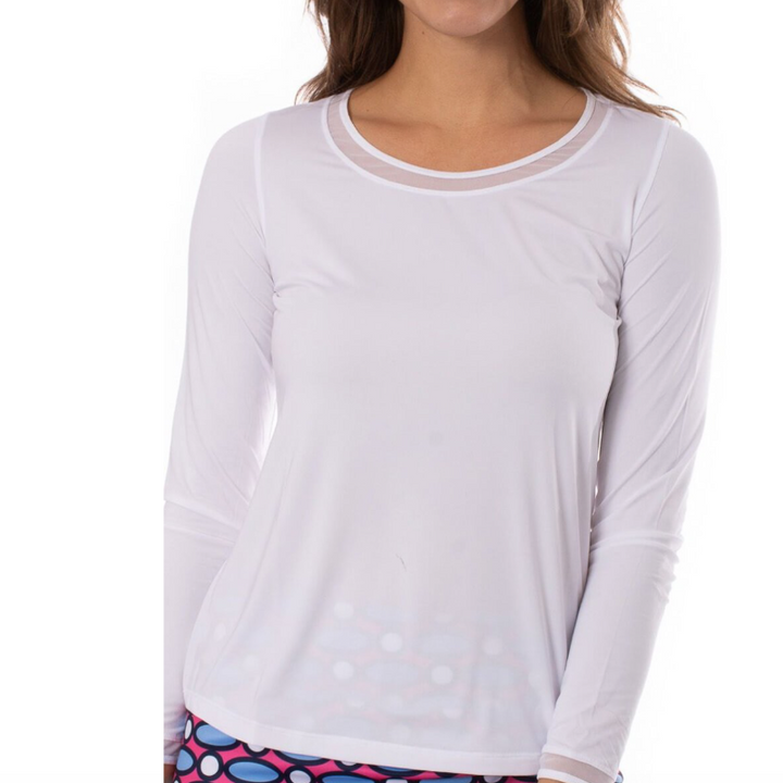 Golftini L/S Mesh Trim Top - White