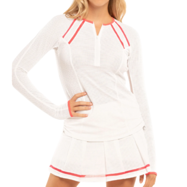 Lucky In Love Raglan Zip L/S Top - White/Pink Trim