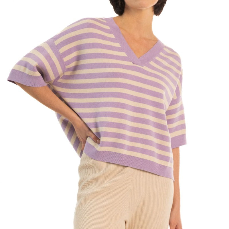 Paper Label Sara Stripe V-Neck- Lavender