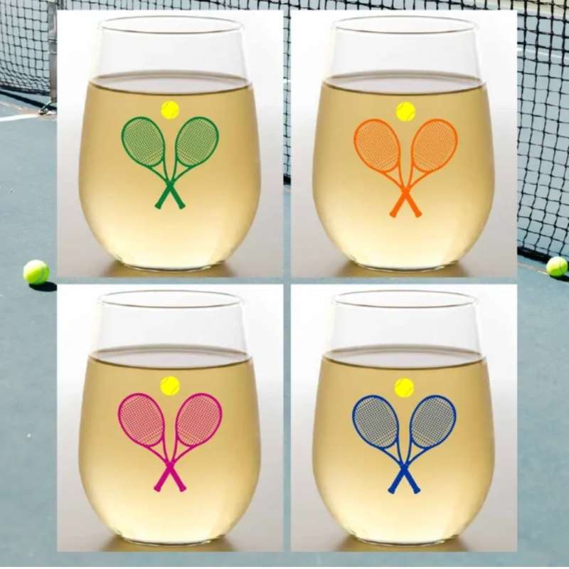 Stemless Wine Glasses(4)- Tennis Racquets