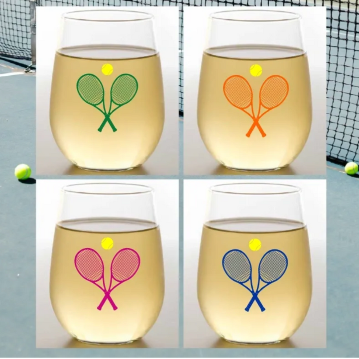 Stemless Wine Glasses(4)- Tennis Racquets