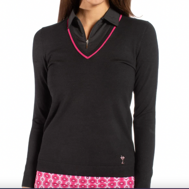 Golftini V-Neck Sweater- Black/Hot Pink
