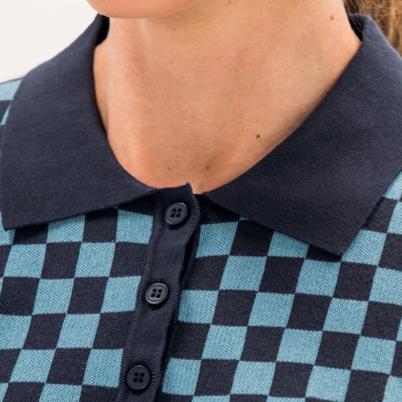 Foray Golf Checkered Knit S/S Polo - Navy/Blue