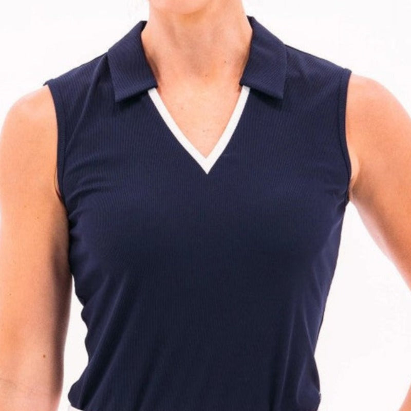 Foray Golf V-Neck S/L Polo - Navy/White